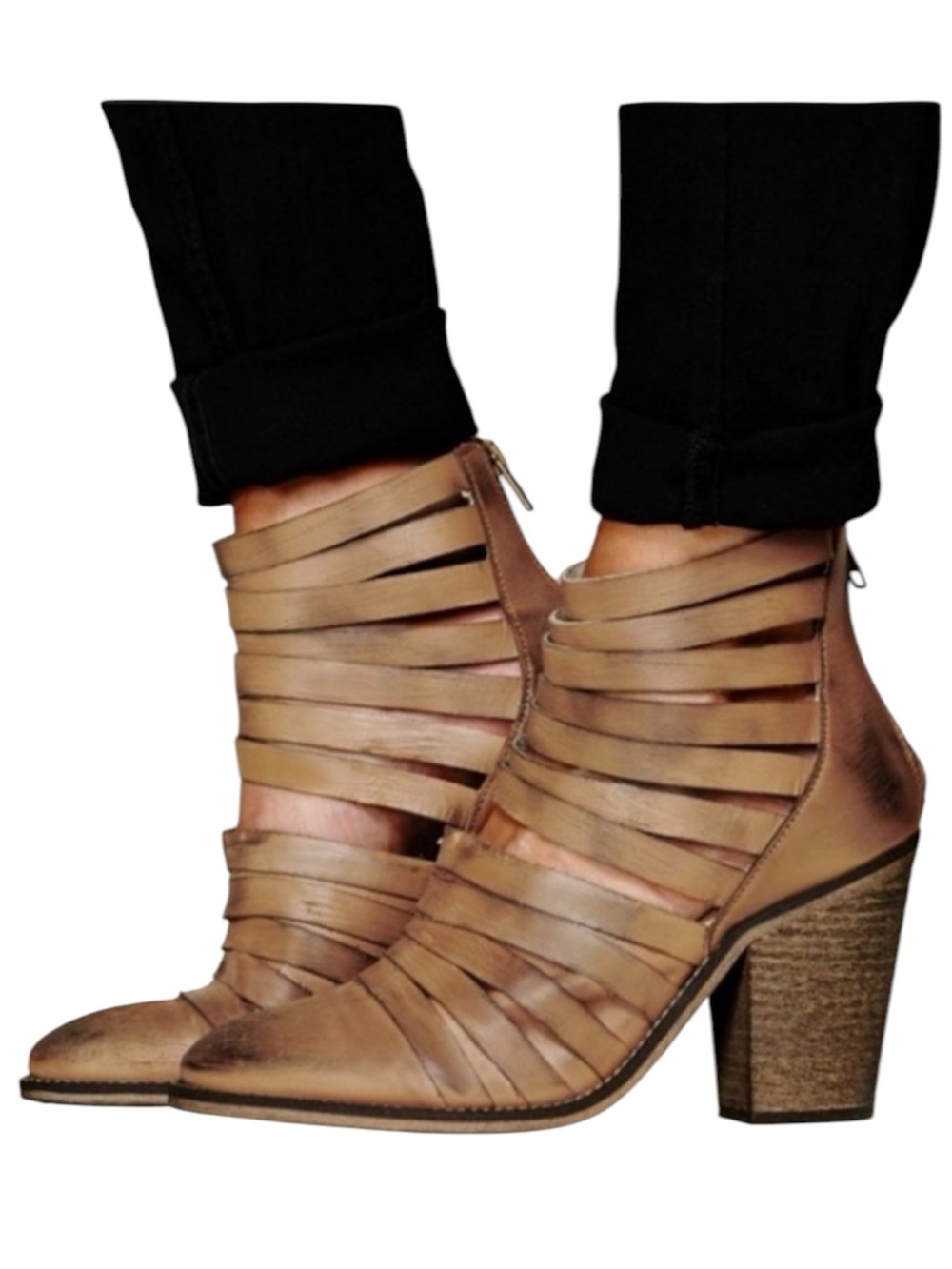 FREE PEOPLE Hybrid Tan Strappy Leather Chunky Heel Distressed Booties Boho 9.5